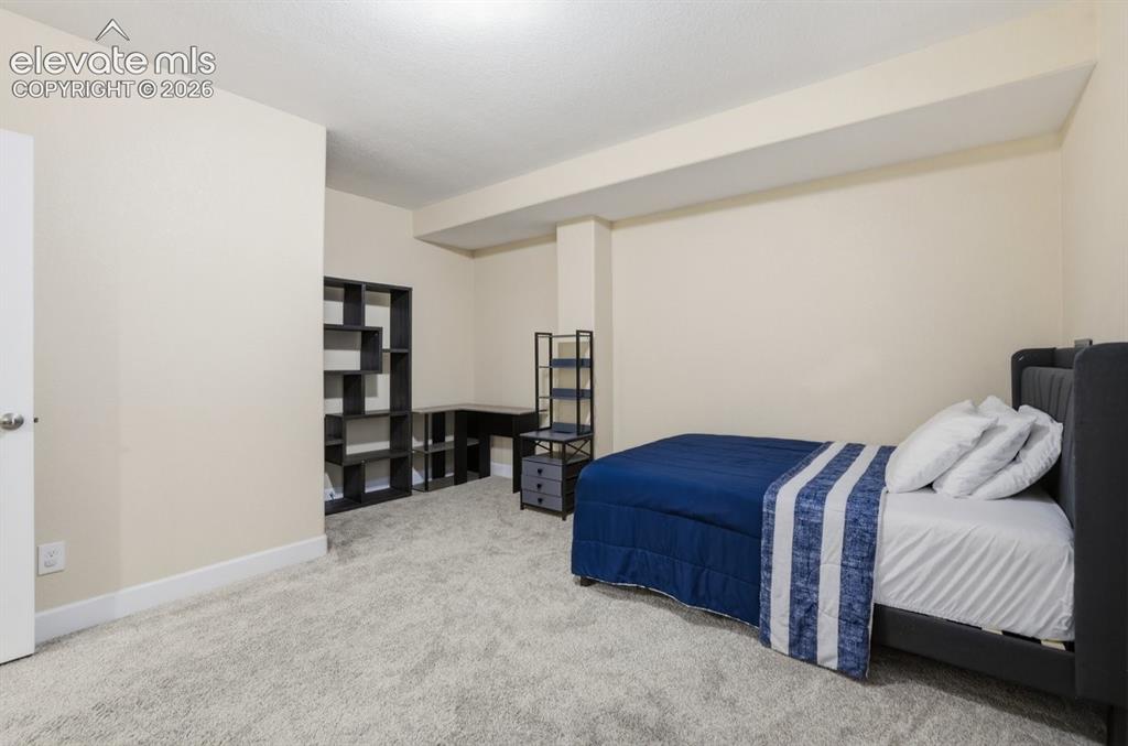 Image 31 of 45: Spacious lower-level bedroom featuring plush carpeting, neutral paint, and 