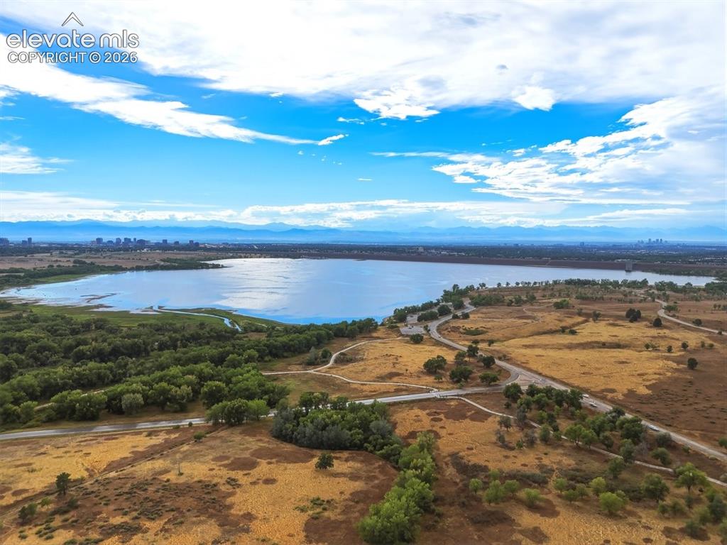 Image 40 of 45: Picturesque aerial view featuring Cherry Creek Reservoir and panoramic Fron