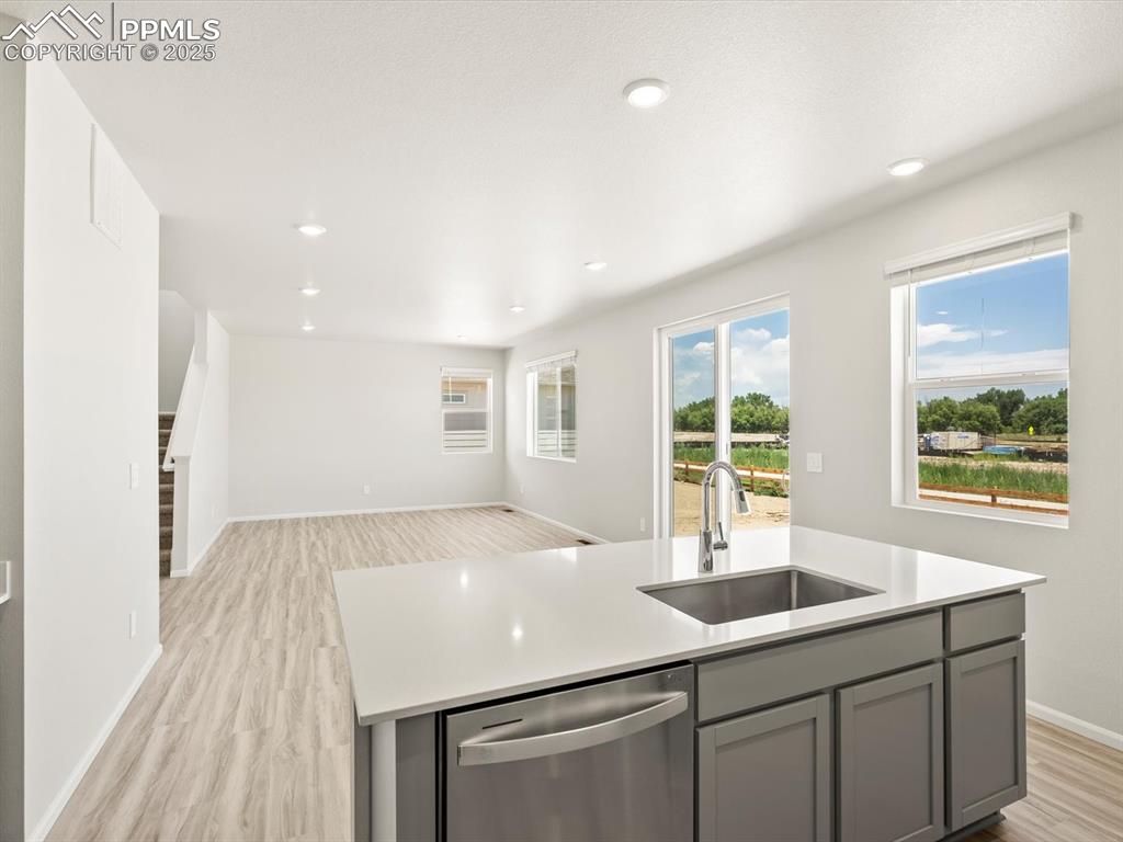 Image 14 of 44: Kitchen featuring dishwasher, light wood finished floors, open floor plan, 