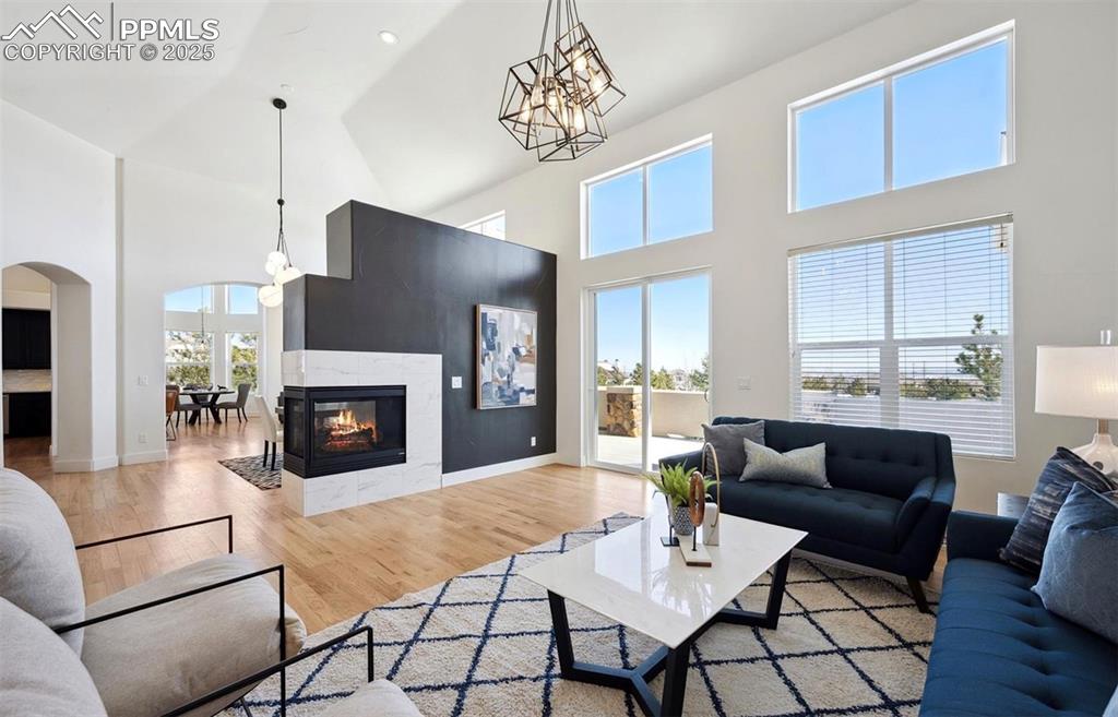 Image 3 of 31: Living room with high vaulted ceiling, light wood-type flooring, a multi si
