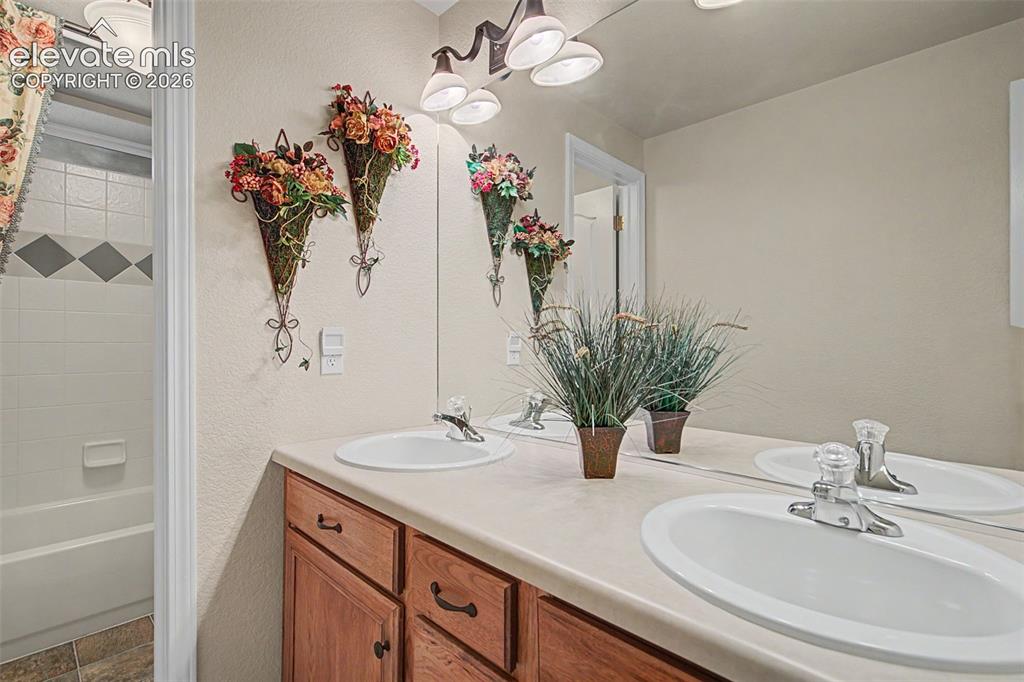 Image 22 of 31: Full basement bathroom; the door between sink and shower allows for privacy