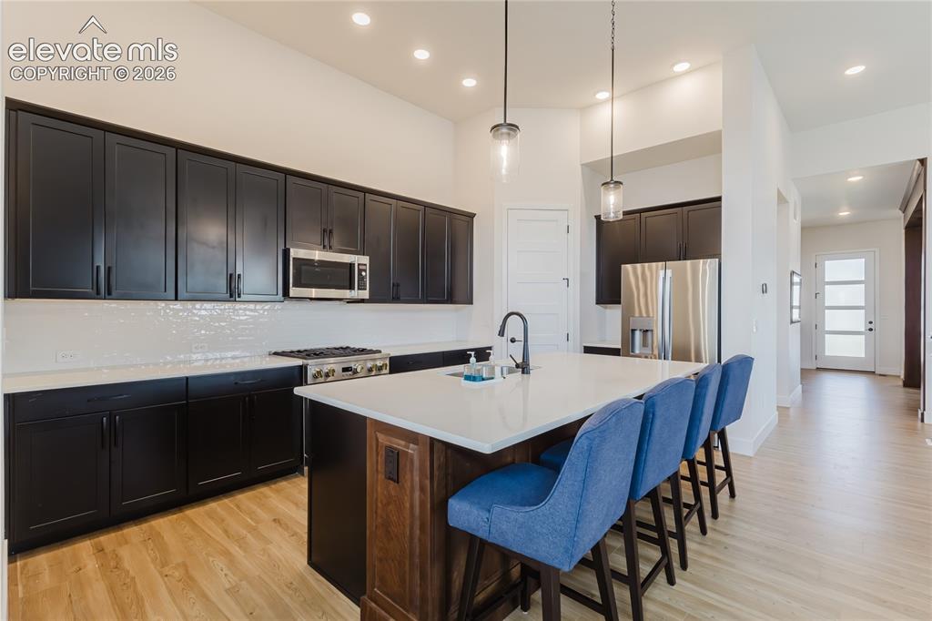 Image 17 of 46: Gourmet kitchen featuring dark wood cabinetry, stainless steel appliances, 