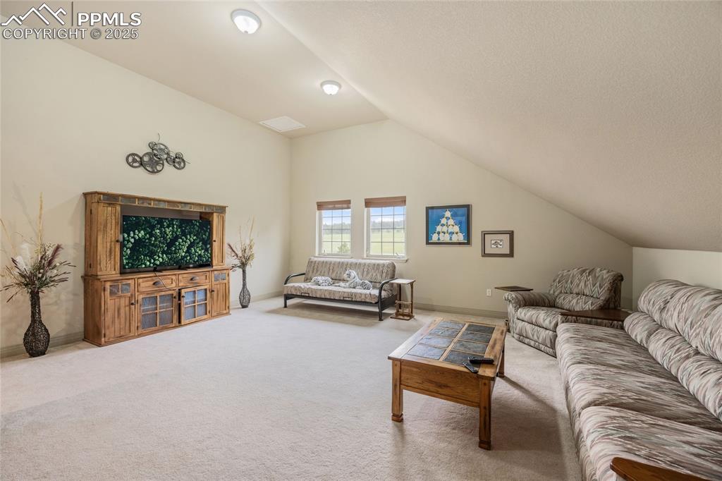 Image 34 of 41: Living room featuring vaulted ceiling and carpet