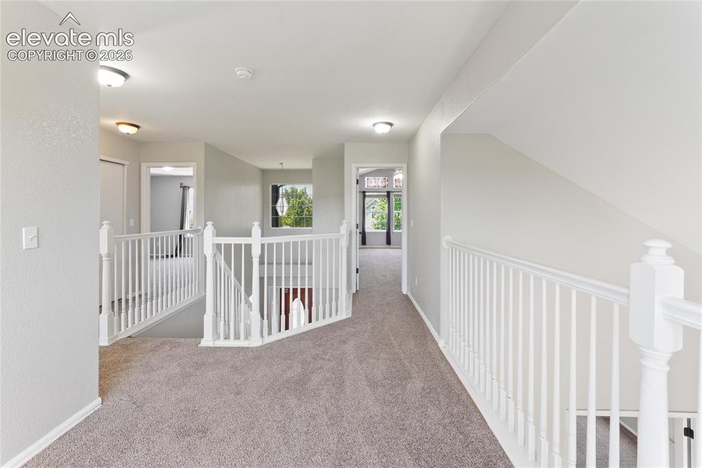 Image 19 of 36: Upper-level hallway featuring neutral wall tones, textured carpeting, and w