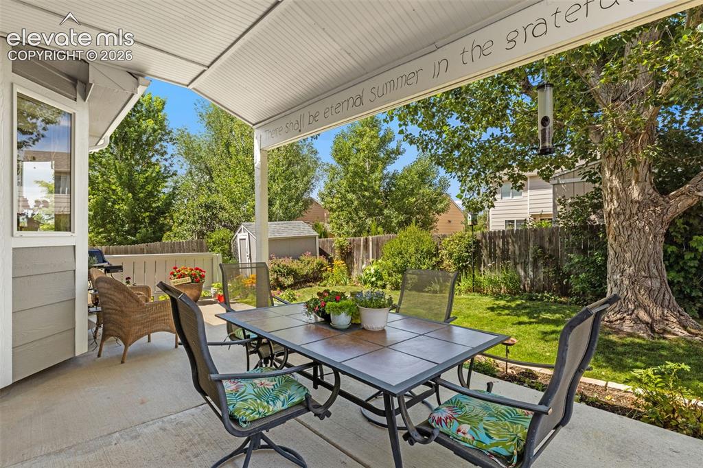 Image 35 of 47: Charming covered patio off kitchen. Mature tree provides canopy and stunnin
