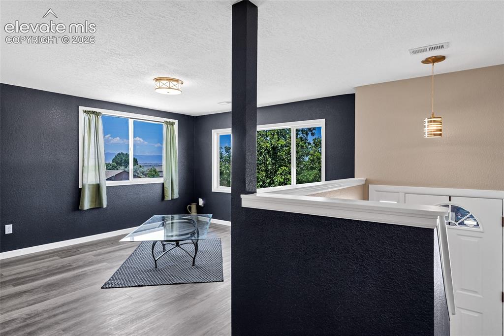 Image 3 of 46: Split-level entry with a dark panel door, white risers, and gray treads
