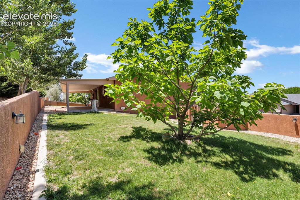 Image 30 of 46: Expansive grassy yard featuring a mature tree, a stucco-finish storage shed
