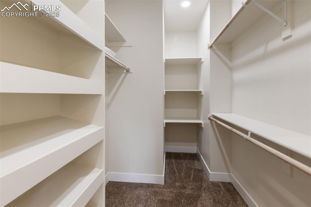 Image 21 of 35: Walk in closet featuring dark colored carpet