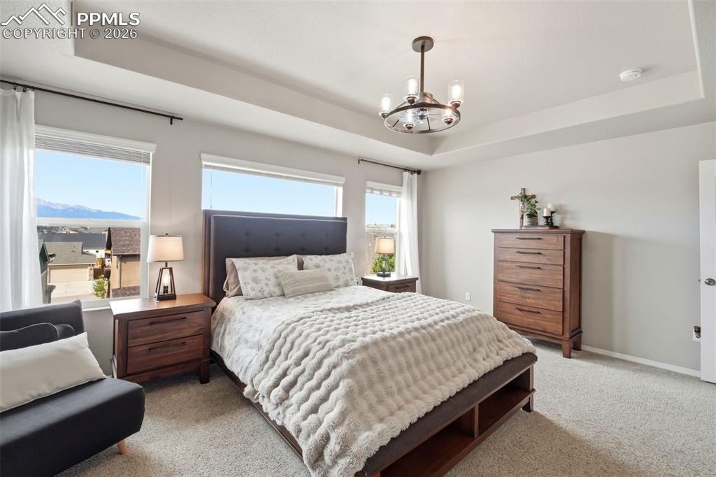 Image 19 of 48: Bedroom with a tray ceiling, light carpet, and suspended lighting