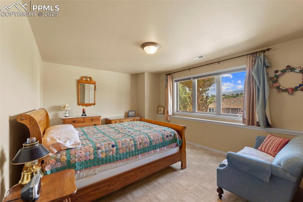 Image 17 of 33: Large lower level bedroom with mountain views