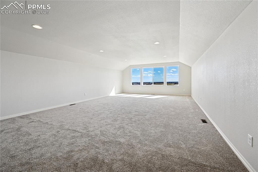 Image 8 of 36: Additional living space with lofted ceiling, carpet flooring, a textured ce