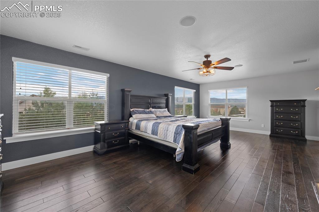 Image 11 of 24: Large Bedroom with a textured ceiling, dark wood-style floors, and ceiling 