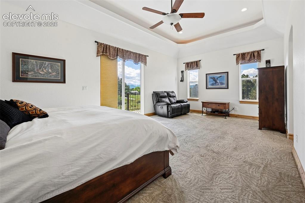 Image 17 of 48: Primary suite, main level, tray ceiling with lighting and access to deck wi