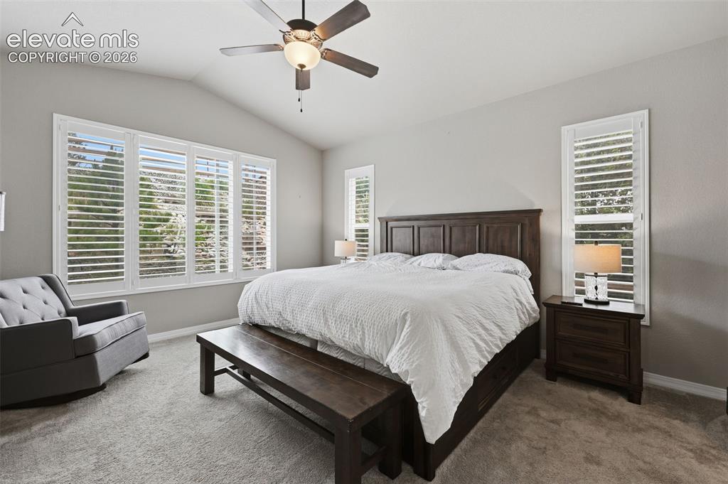 Image 15 of 33: Another view of the master bedroom with vaulted ceiling and space for large