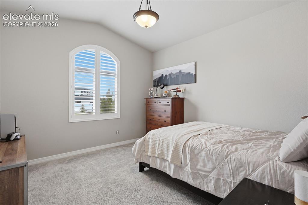 Image 20 of 33: Secondary bedroom on the main level has vaulted ceiling and view!