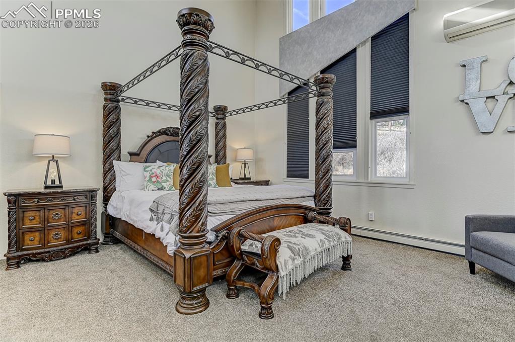Image 34 of 41: Carpeted bedroom with multiple windows and a baseboard heating unit