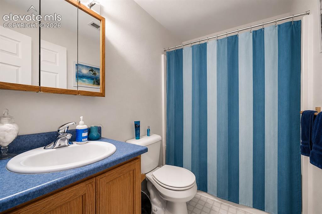 Image 13 of 20: Bathroom featuring a vanity with wood-finish cabinetry, a blue countertop, 