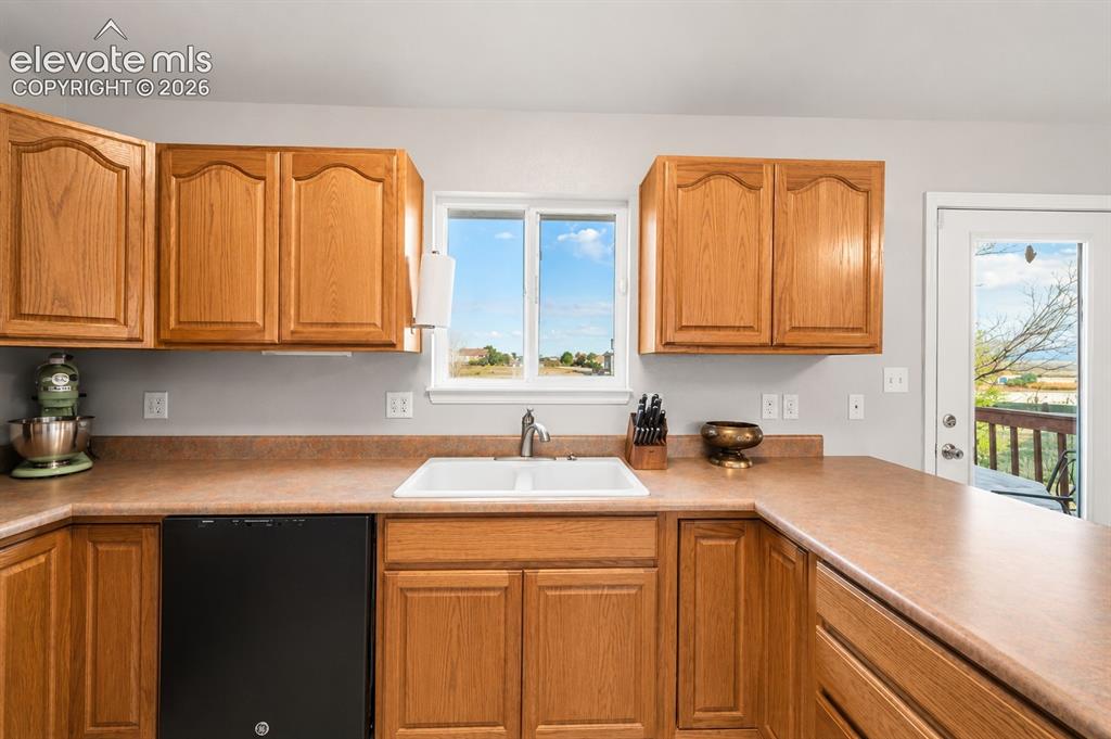 Image 5 of 20: Kitchen area featuring light wood cabinetry, a double basin sink, black bui