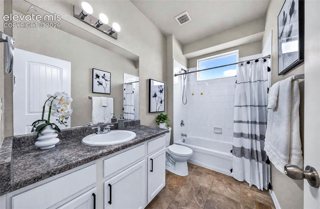 Image 28 of 41: Vanity with a single basin sink and dark-toned countertop, white cabinetry