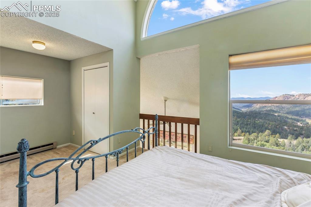 Image 34 of 48: Bedroom featuring carpet floors, a mountain view, a textured ceiling, a clo