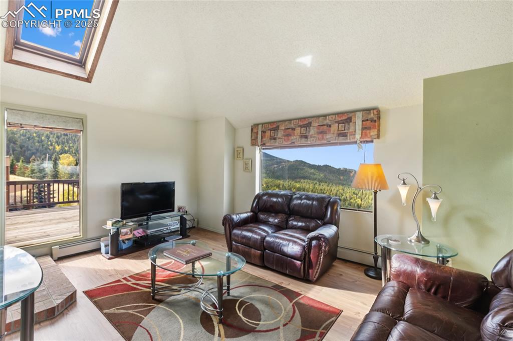 Image 9 of 48: Living area featuring wood finished floors, baseboard heating, lofted ceili
