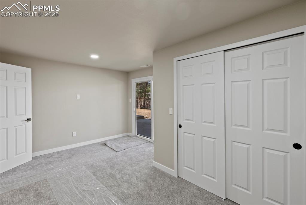 Image 40 of 50: Unfurnished bedroom with access to outside, light carpet, a closet, and rec