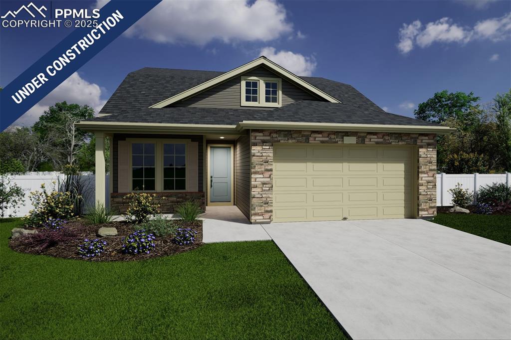 Caption: View of front facade featuring stone siding, an attached garage, concrete driveway, and a shingled r