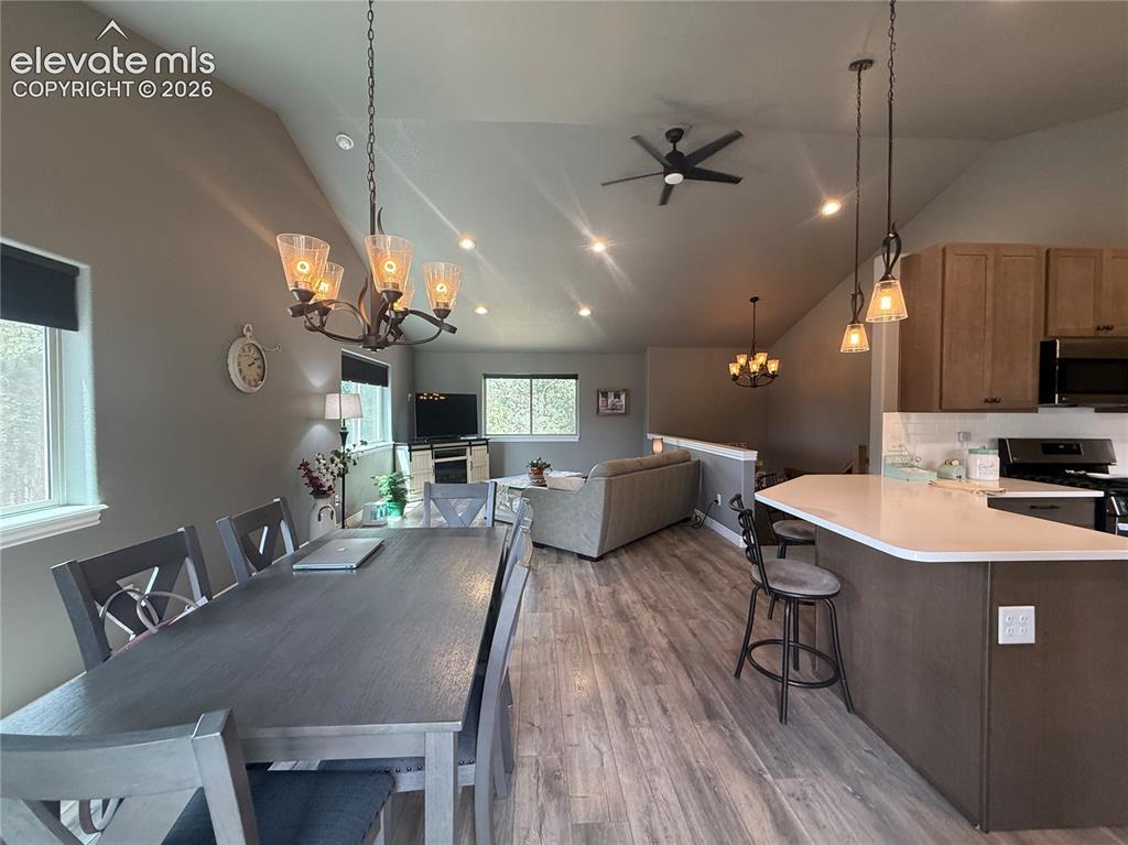 Image 10 of 37: Open concept, dining, living and kitchen vaulted ceilings