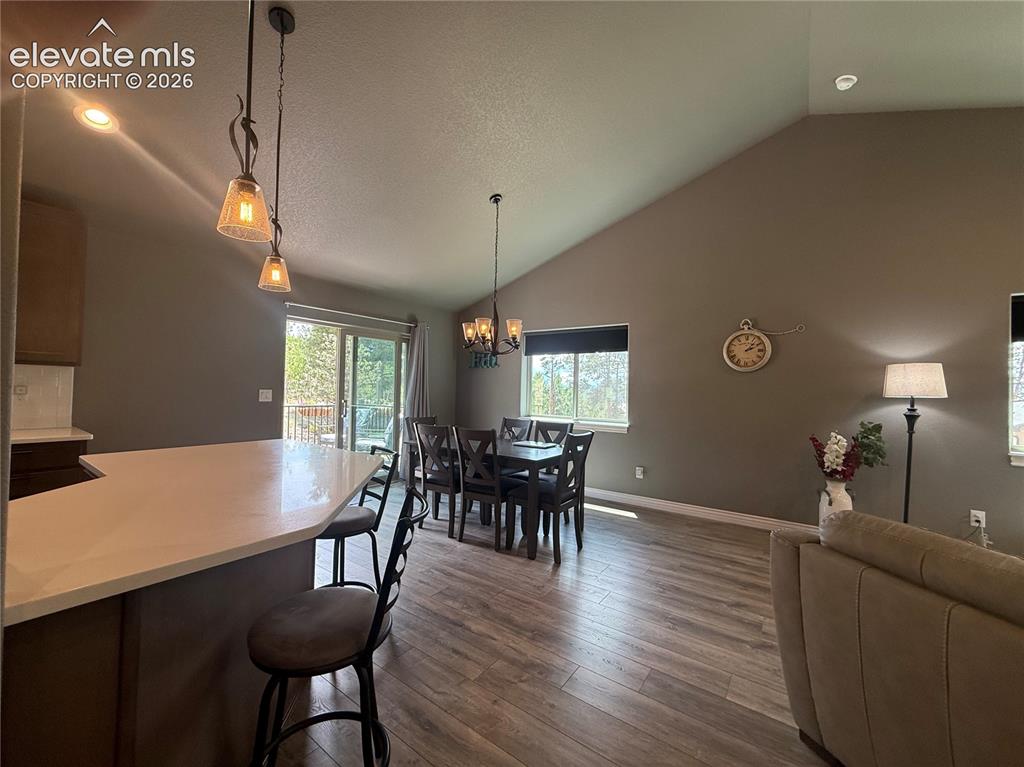 Image 11 of 37: open concept kitchen dining, living area vauted ceiling