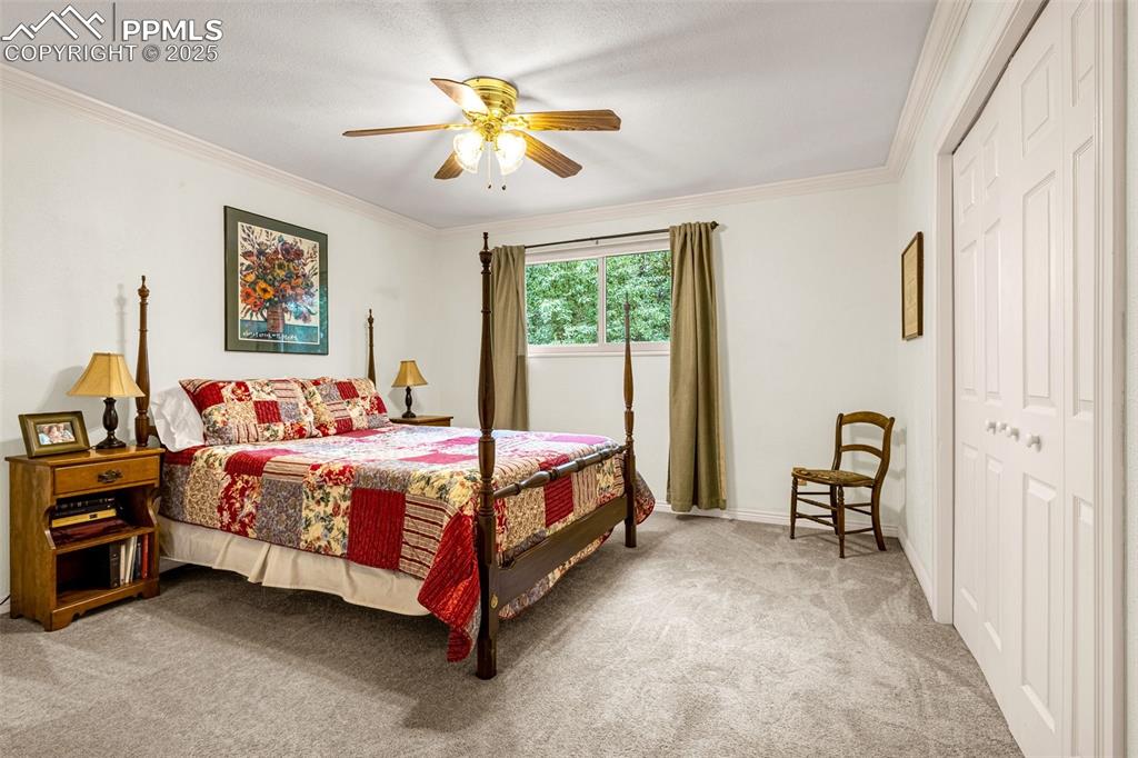 Image 15 of 33: Bedroom with ornamental molding, carpet flooring, a closet, and a ceiling f