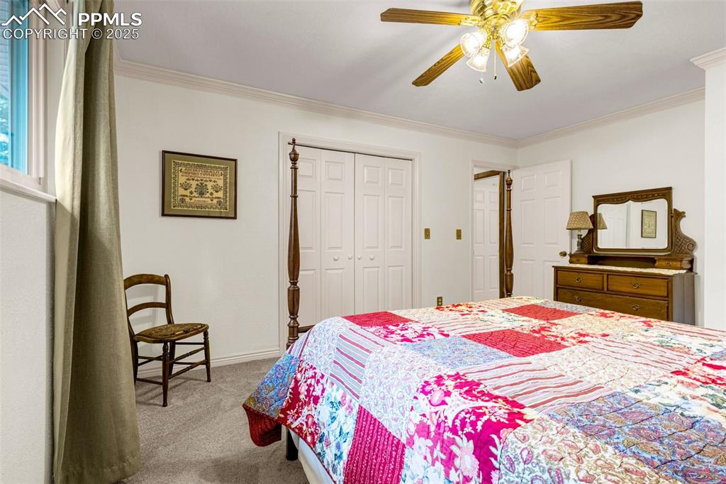 Image 16 of 33: Carpeted bedroom featuring ornamental molding, a closet, and ceiling fan