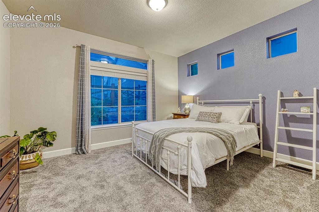 Image 18 of 44: Plush gray carpeting, a large multipane window, built-in shelving, and a pr