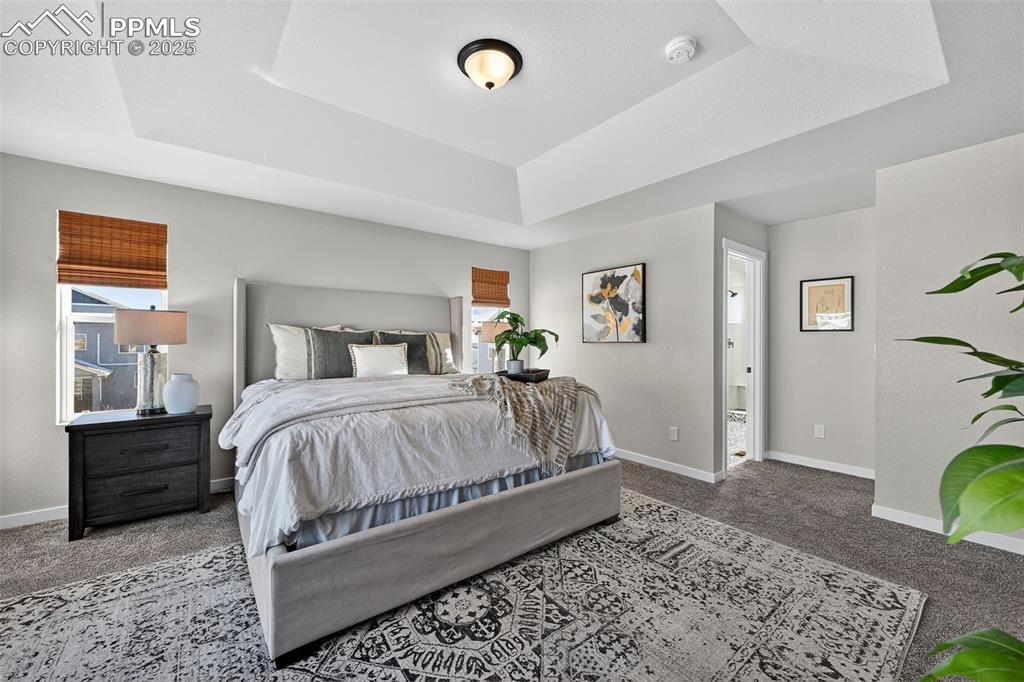 Image 20 of 43: Master bedroom has big windows and detailed ceiling