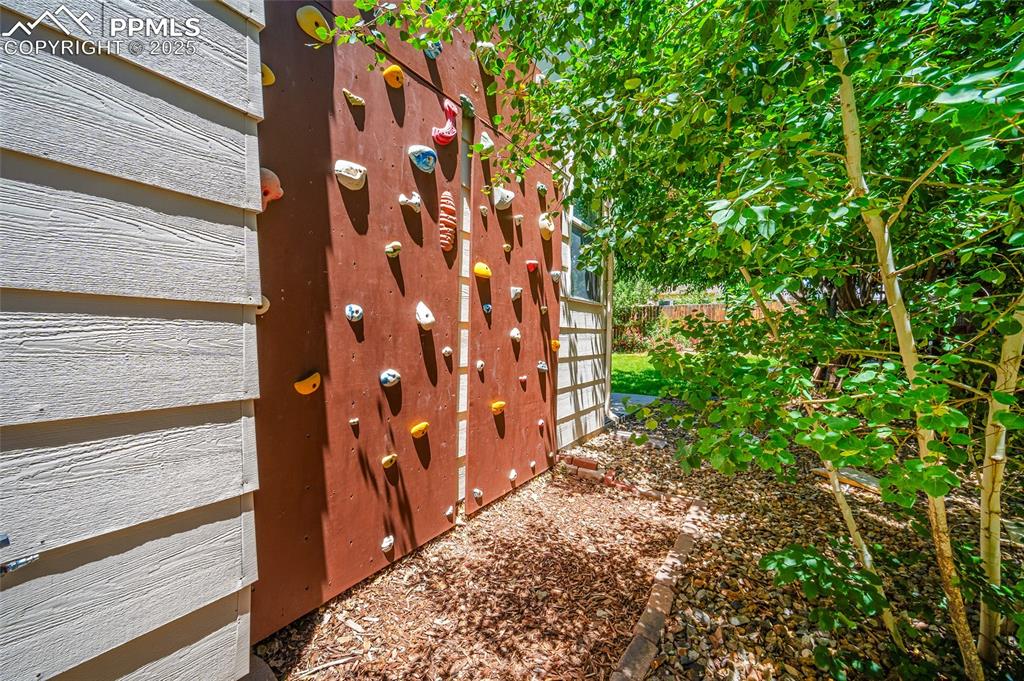 Image 41 of 46: Kids Climbing wall!  This back yard is full of fun!