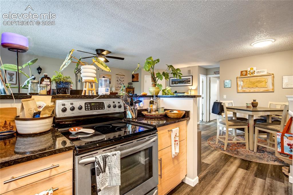 Image 34 of 50: Kitchen featuring stainless steel appliances, dark stone countertops, wood-