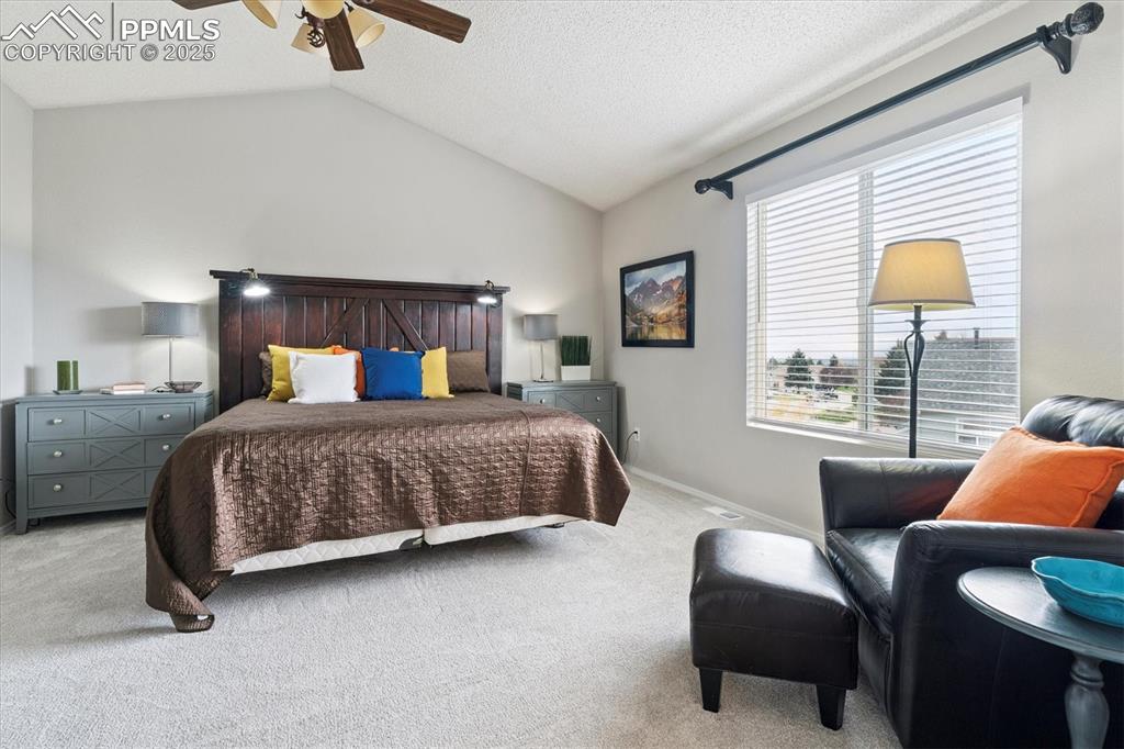 Image 25 of 40: Carpeted bedroom featuring lofted ceiling, a textured ceiling, and ceiling 