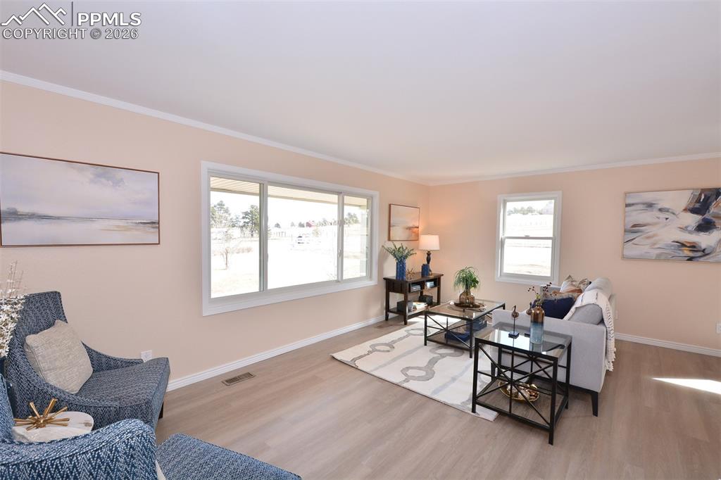 Image 5 of 50: Spacious living room with vinyl plank flooring.
