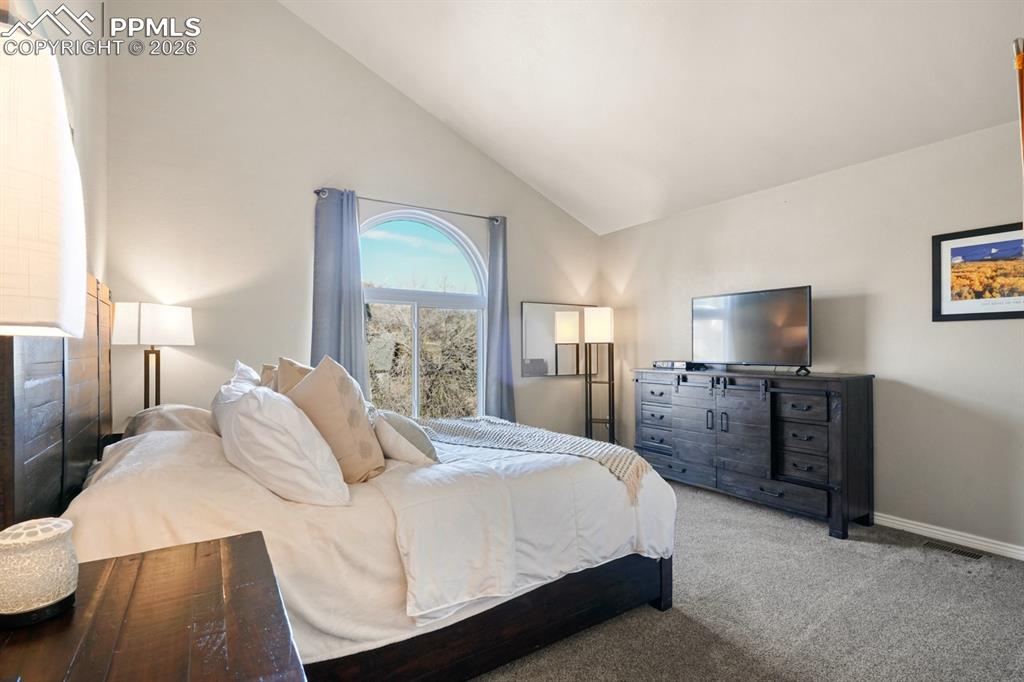 Image 23 of 37: Carpeted bedroom with high vaulted ceiling