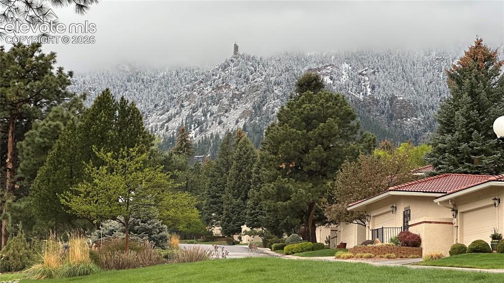 Image 9 of 48: Aerial view of home with greeen space and mountain views