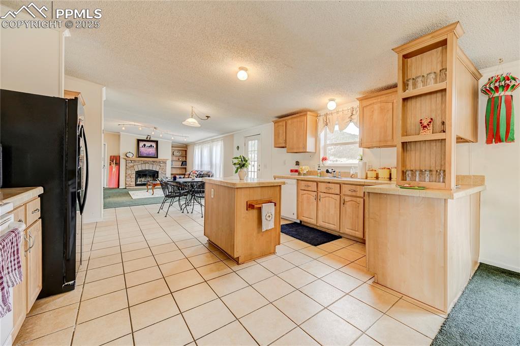 Image 32 of 46: Kitchen featuring freestanding refrigerator, open floor plan, light brown c