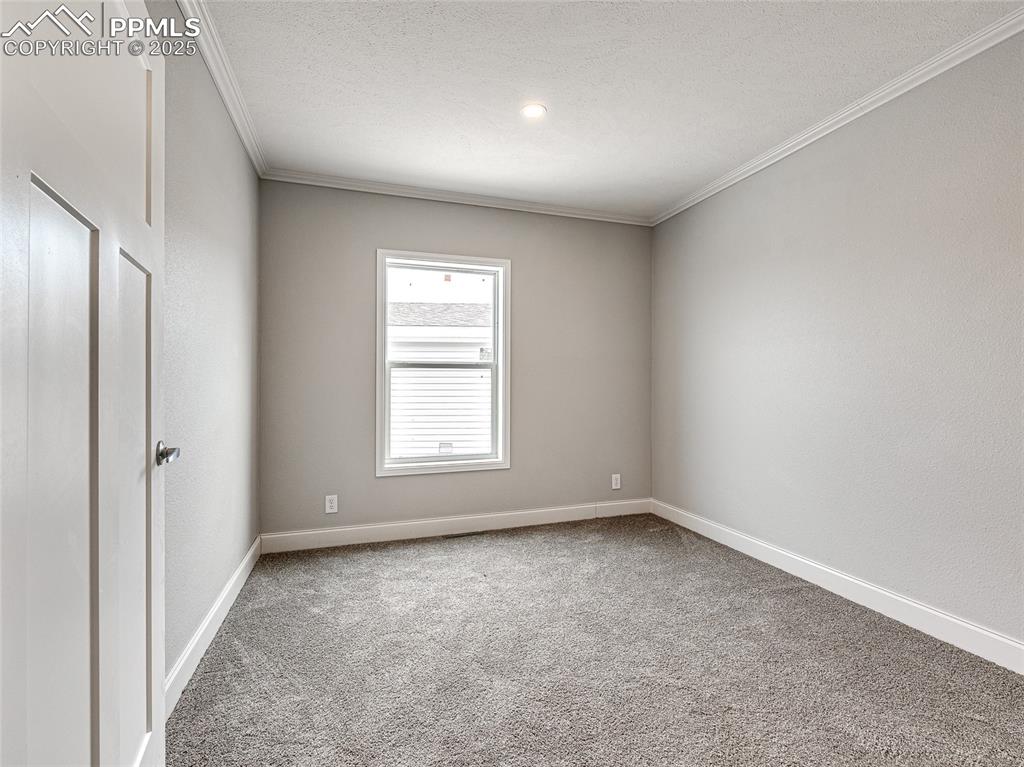 Image 19 of 25: Spare room with light colored carpet, ornamental molding, and a textured ce