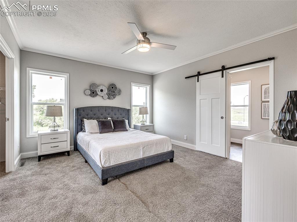 Image 22 of 25: Bedroom with a barn door, carpet floors, a textured ceiling, a ceiling fan,