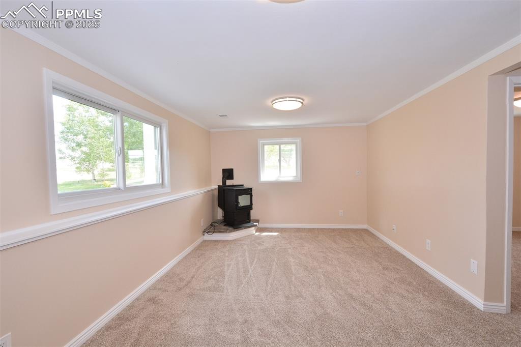 Image 34 of 50: Family Room with pellet stove
