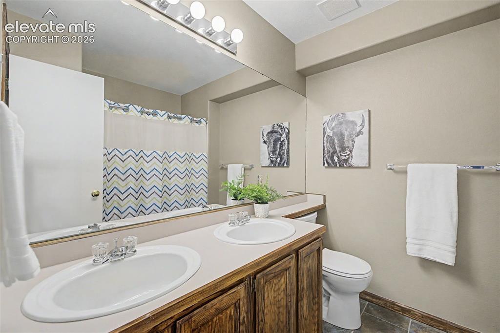 Image 38 of 49: Bathroom featuring a dual sink vanity with wood cabinetry, a large wall-mou