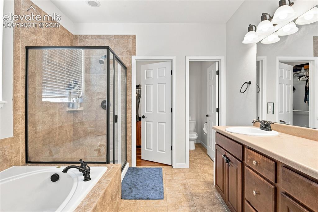 Image 8 of 18: Walk-in shower with clear glass enclosure, a built-in soaking tub with dark