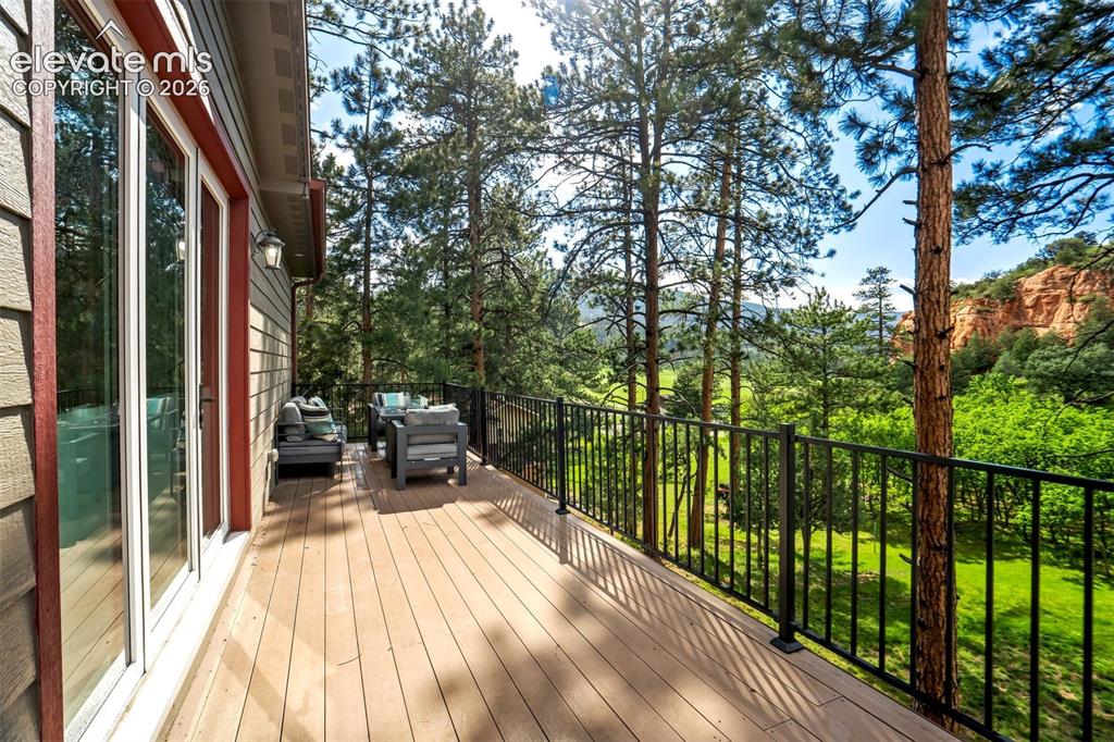 Image 40 of 48: Front Spacious outdoor deck featuring wood-finish flooring and black metal 