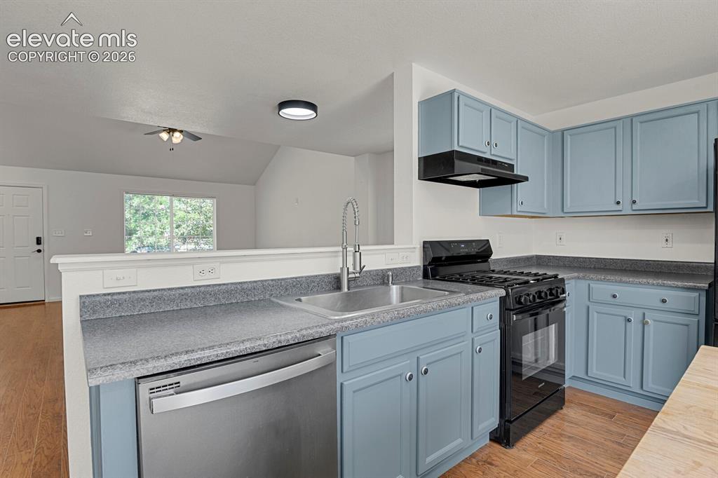 Image 18 of 49: Kitchen featuring blue cabinetry, a stainless steel dishwasher, a black ran