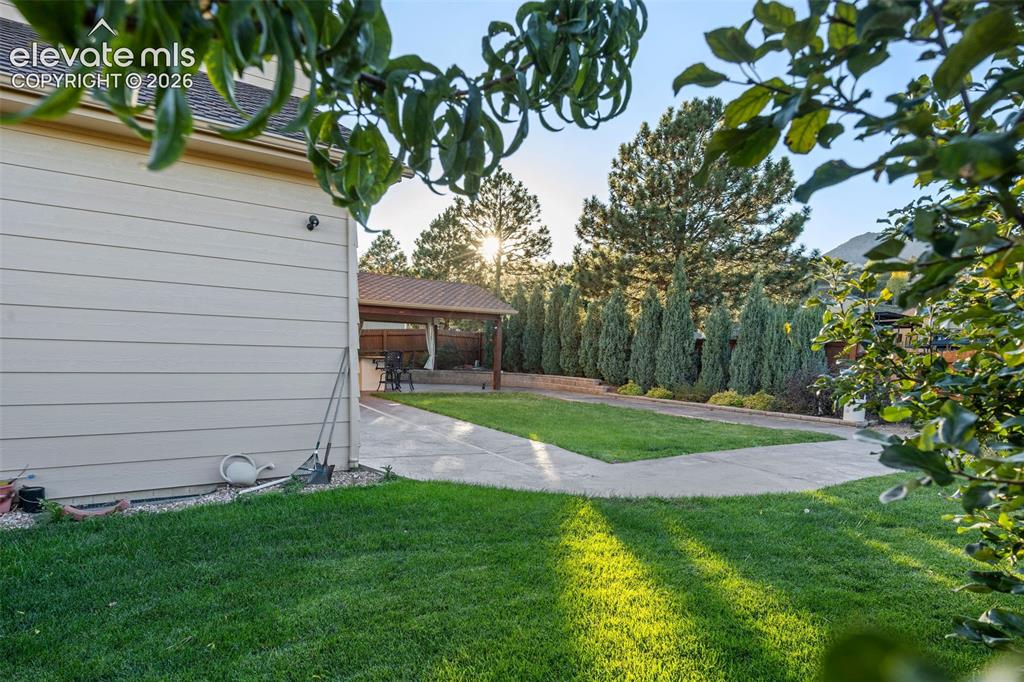 Image 42 of 49: Backyard featuring a manicured lawn, concrete patio, covered outdoor struct