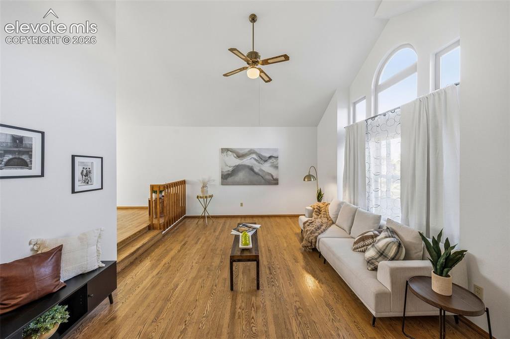 Image 7 of 49: Vaulted ceilings, wood-finish flooring, architectural arch-top windows, and