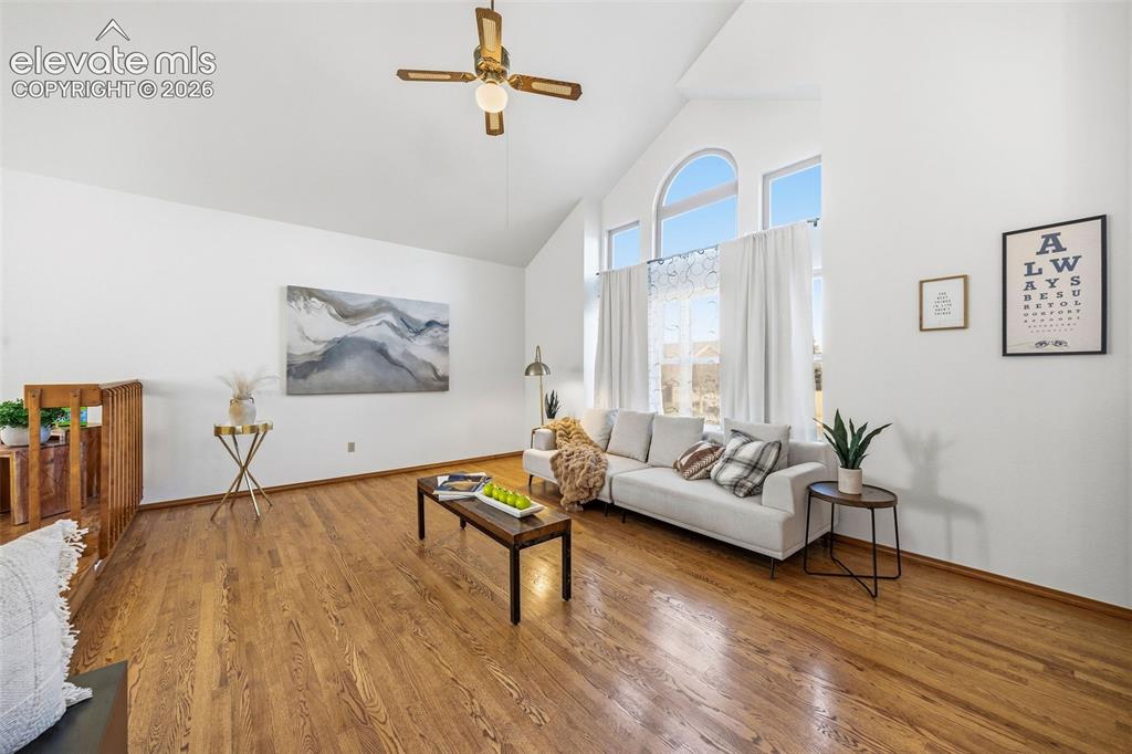 Image 8 of 49: Vaulted ceilings, wood-finish flooring, and arched windows with multi-pane 